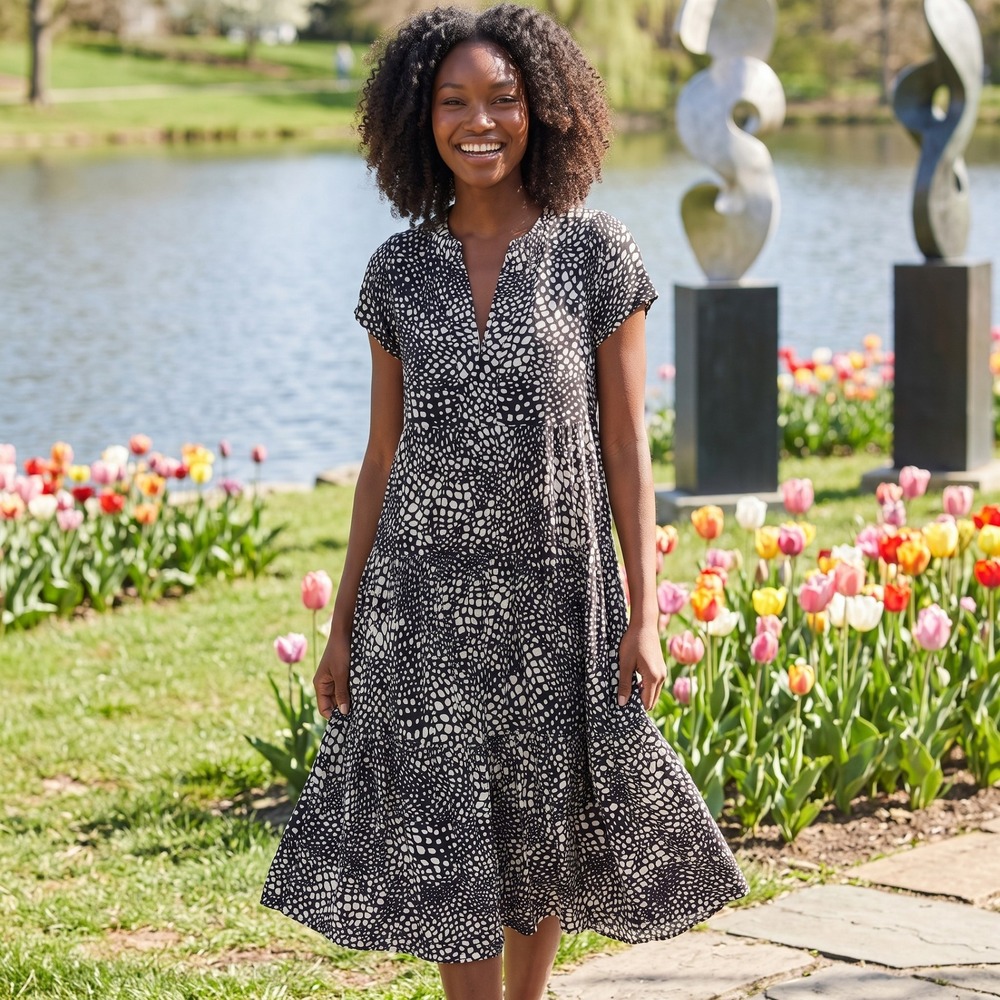Maeve Anthropologie Tiered Mini Dress Womens XS Black White Abstract Boho Flowy